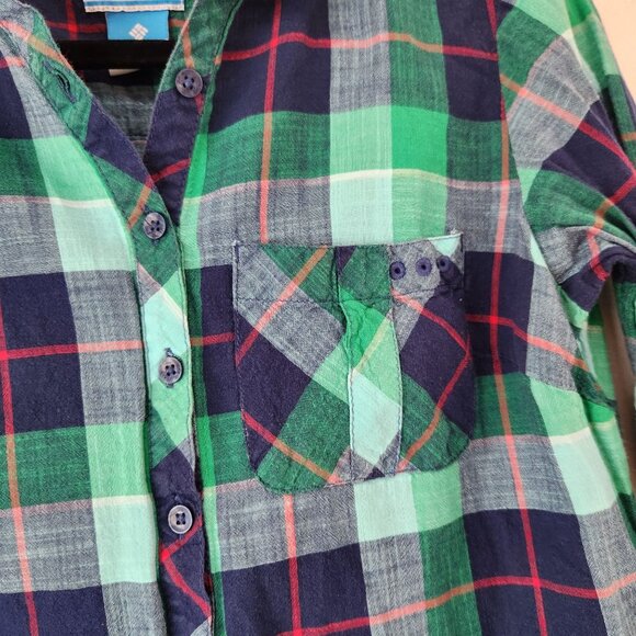 Columbia PFG Plaid Green Popover Shirt Blouse 100% Cotton Hiking Women's M - Picture 3 of 10